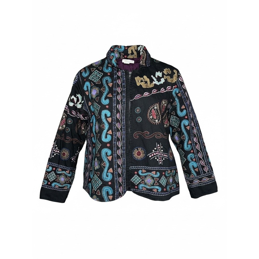 Coldwater Creek Embroidered Full Zip Jacket Black Boho Geometric Cotton 2X